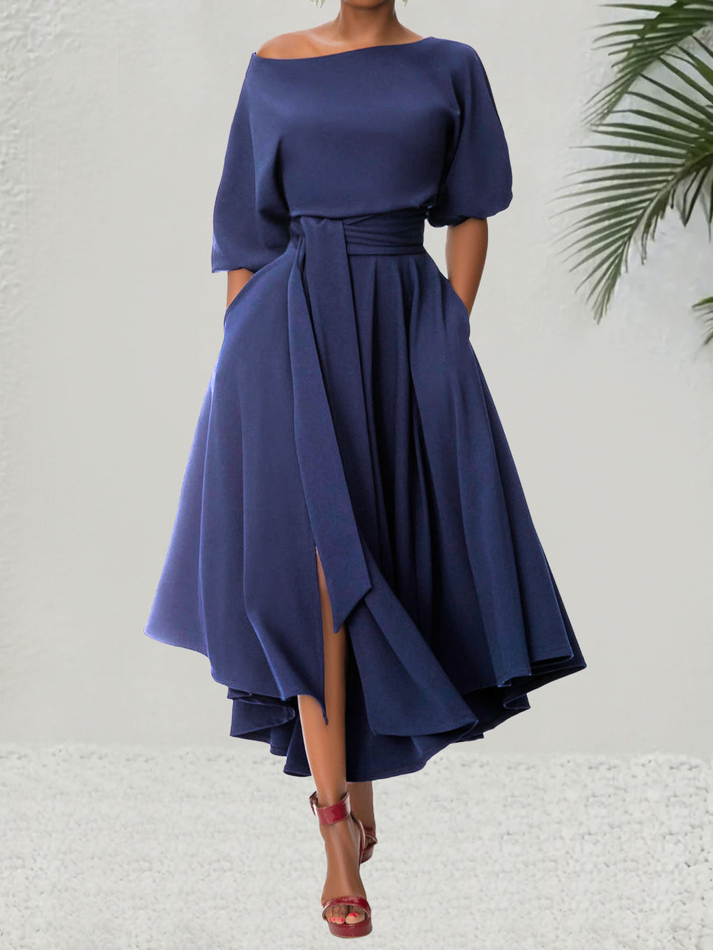 Oblique Shoulder Strap Elegant Solid Color Dress
