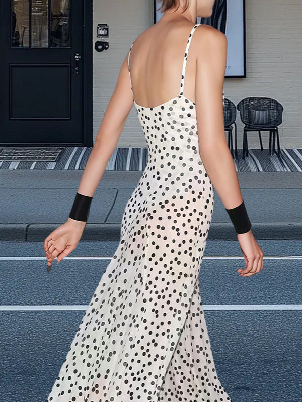 Fashion Suspenders Exposed Back Polka Dot Dress