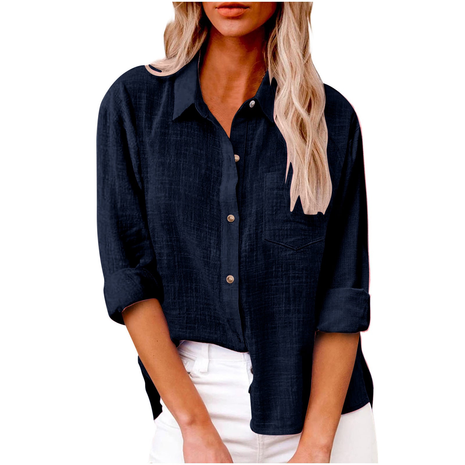 Women's Solid Colored Lapel Button Long-sleeved Cotton Linen Blouse