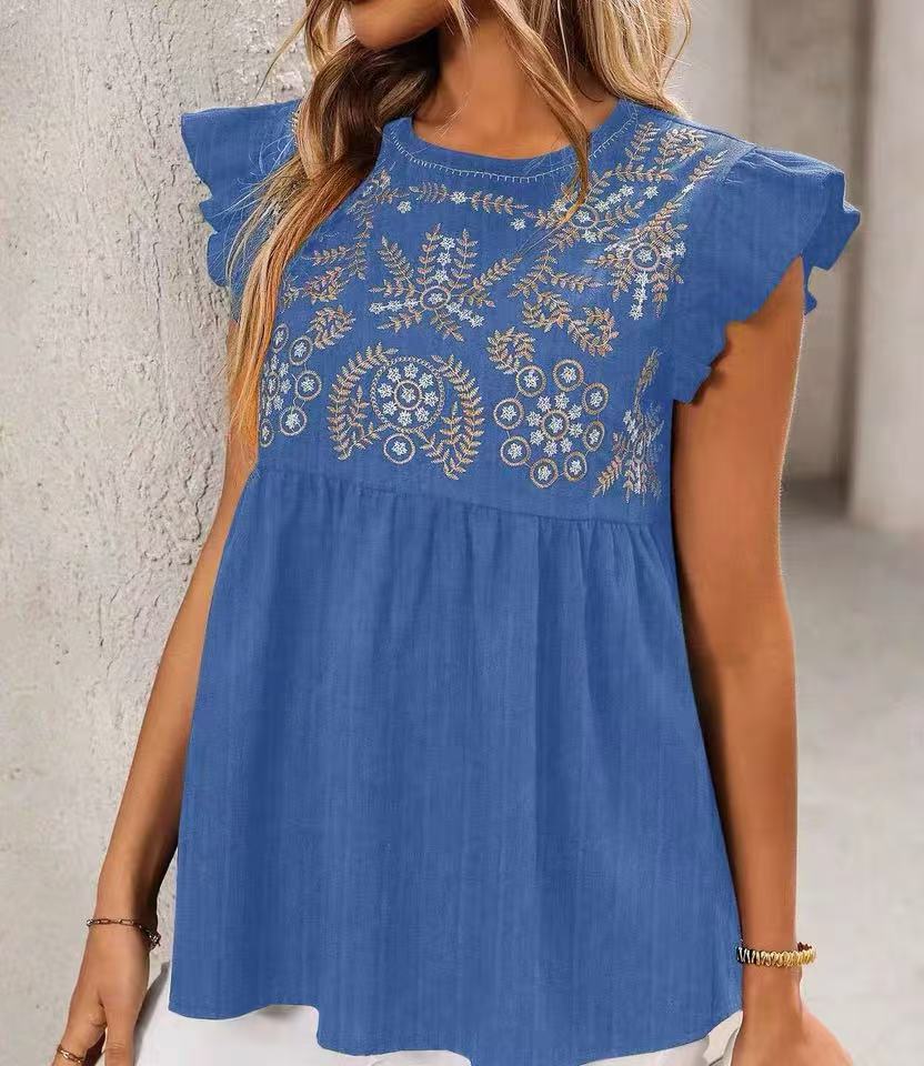 Women's National Style Embroidered Shoulder Flying Sleeves Fashion Casual Tops