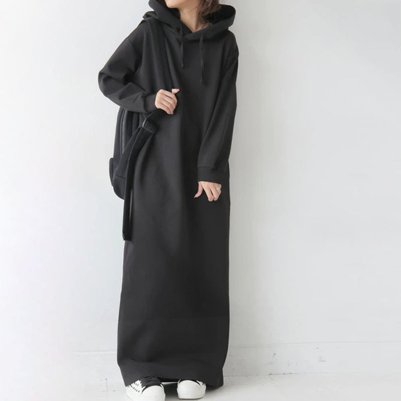 Women's Early Spring High-grade Small Hooded Solid Color Loose Dress