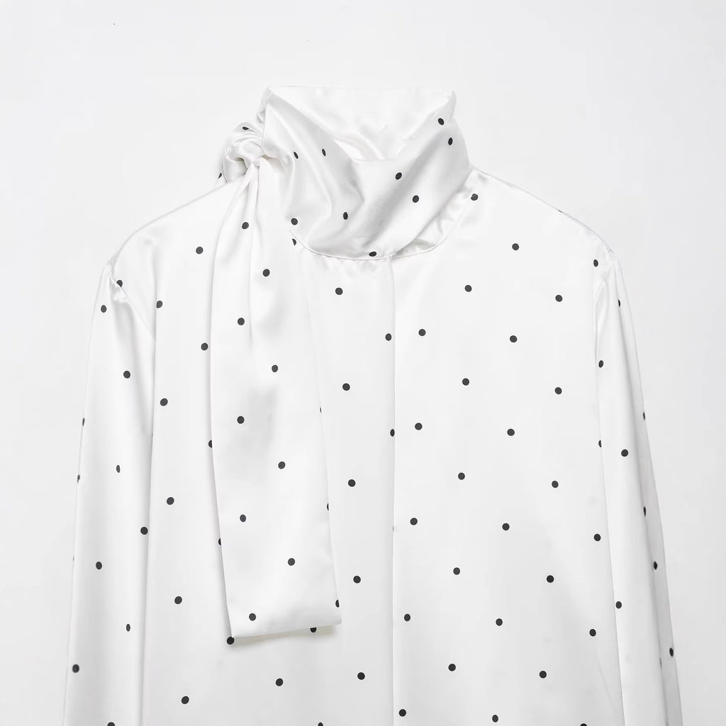 Women's Polka Dot Satin Scarf Shirt Blouse