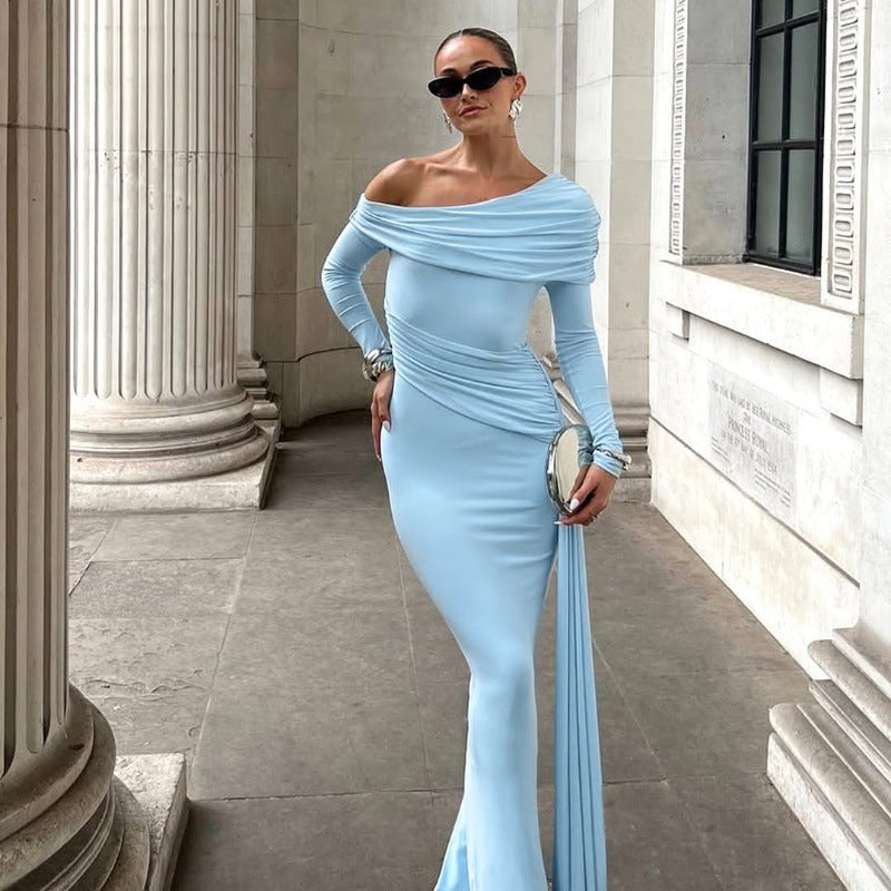 Women's Temperament Pure Color Diagonal Collar Sheath Slimming Dress