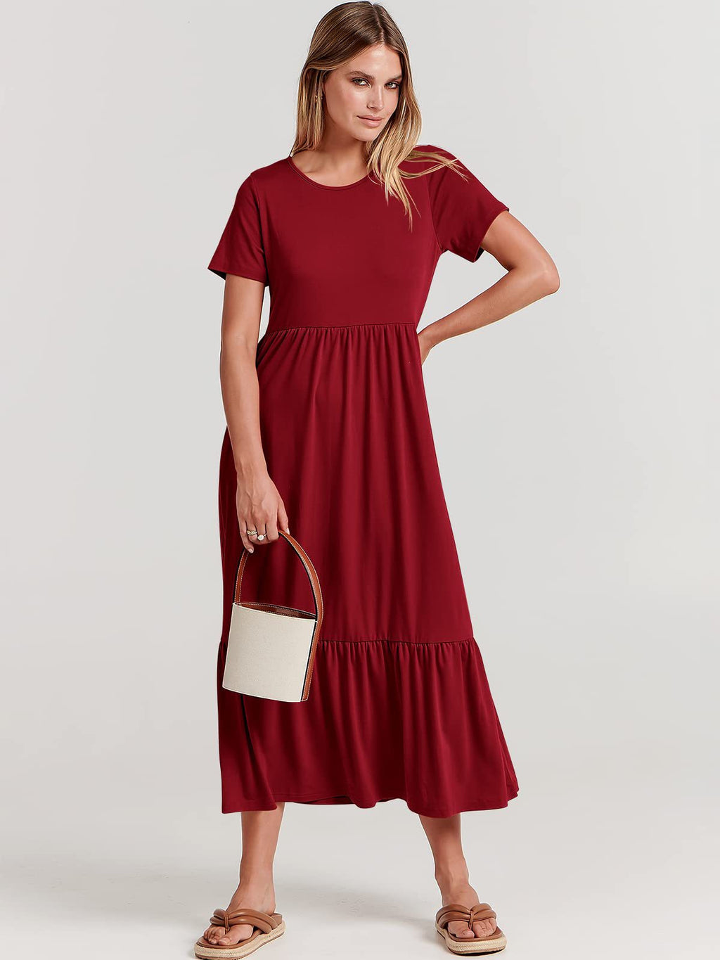 Women's Neck Pleating Solid Color Layered Large Swing Dress