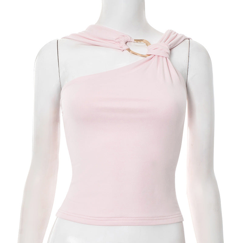 Women's Solid Color Irregular Collar Metal Decorative Tops
