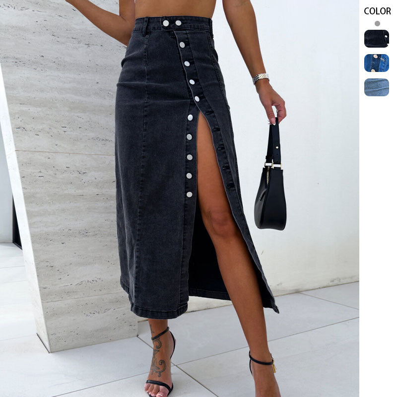 Women's Button Irregular Slit Denim High Waist Slim Hip Skirt
