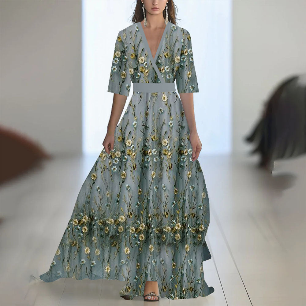 Women's Digital Printing Long Sleeve Collar Patchwork Dress