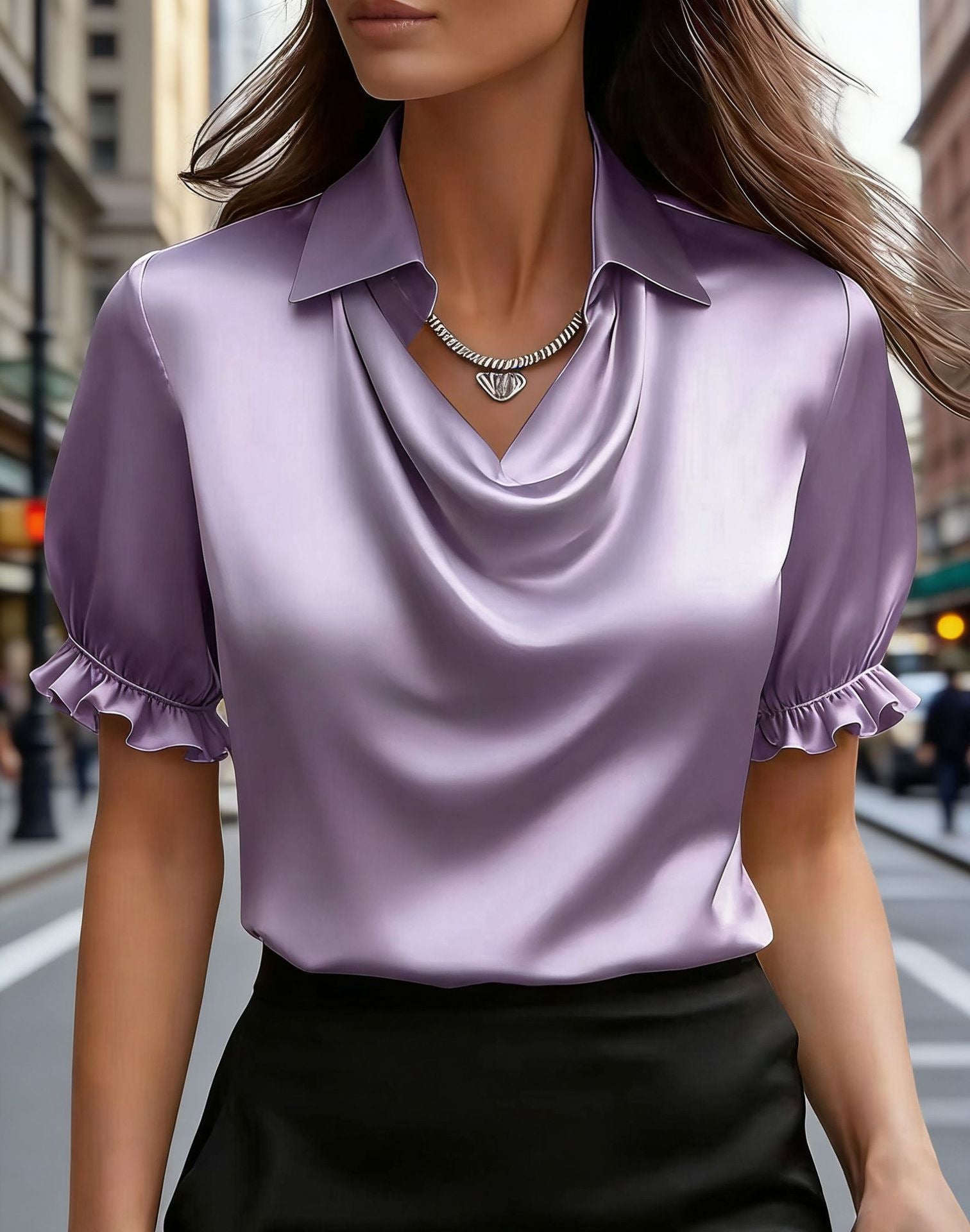 Women's Simple Graceful Swing Collar Shirt Sleeved Blouse
