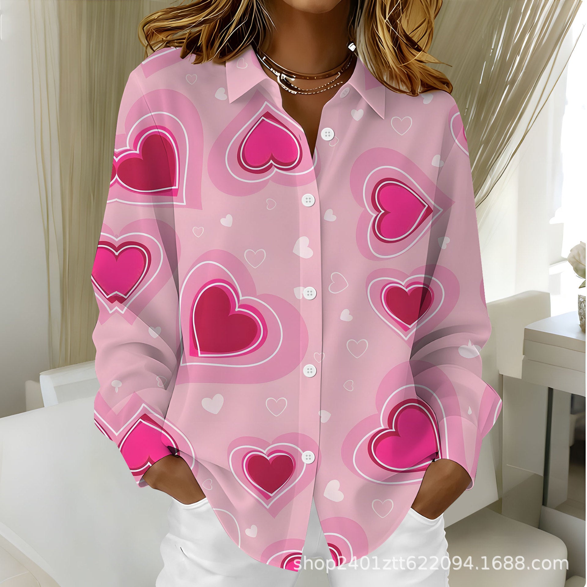 Women's Cupid Love Bow Digital Printed Long-sleeved Blouse