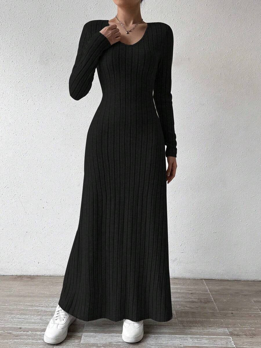 Women's Slim Fit Fashion Wear Knitted Solid Color Long Sleeve A- Dress
