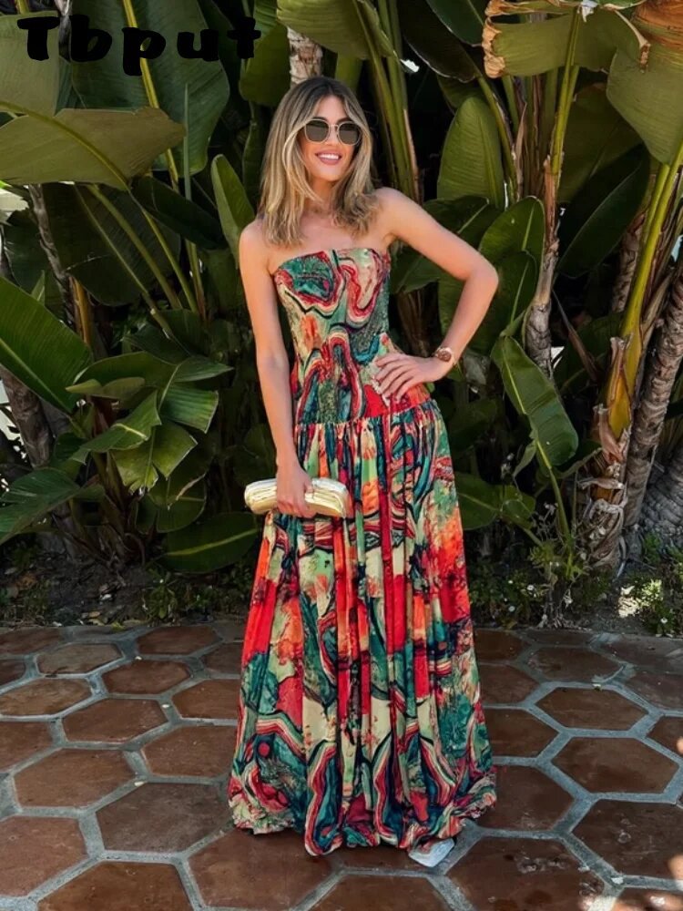 Printed Smocking Wrapped Chest Slim Formal Swing Dress