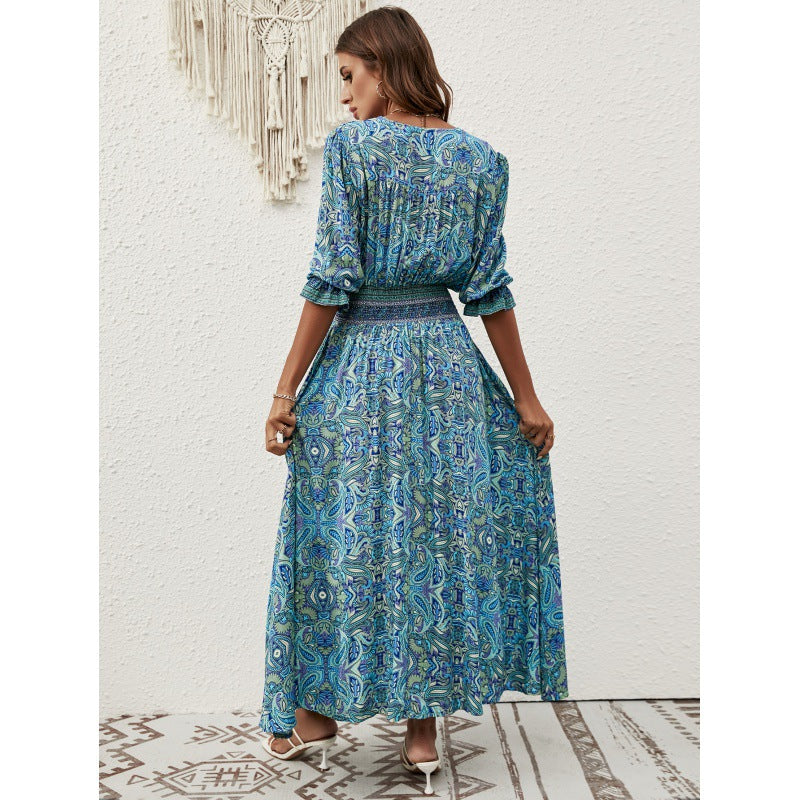 Women's Summer Printed Waist Bohemian Holiday Breasted Dress