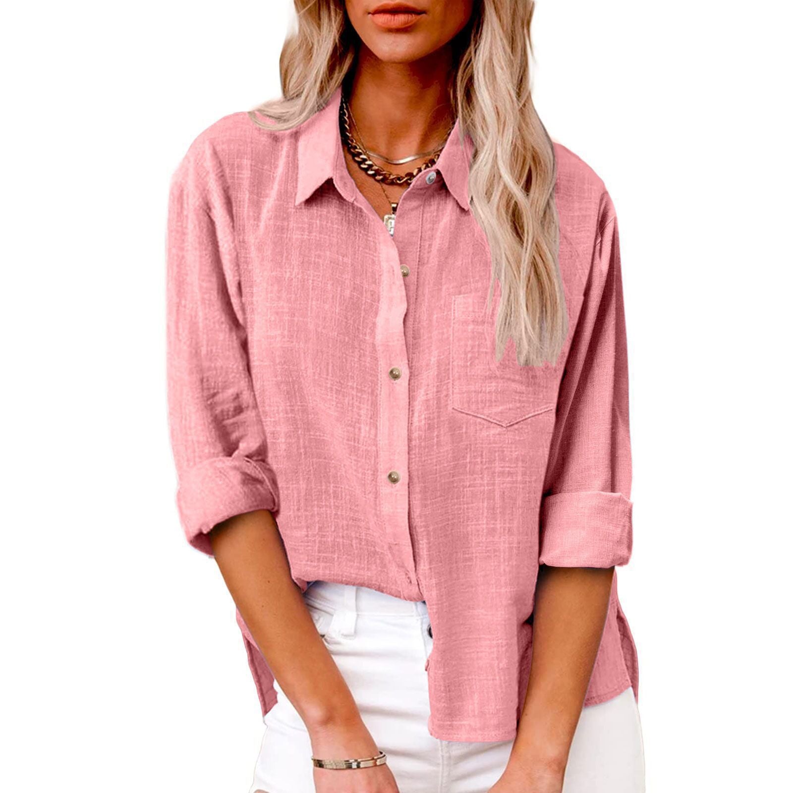 Women's Solid Colored Lapel Button Long-sleeved Cotton Linen Blouse