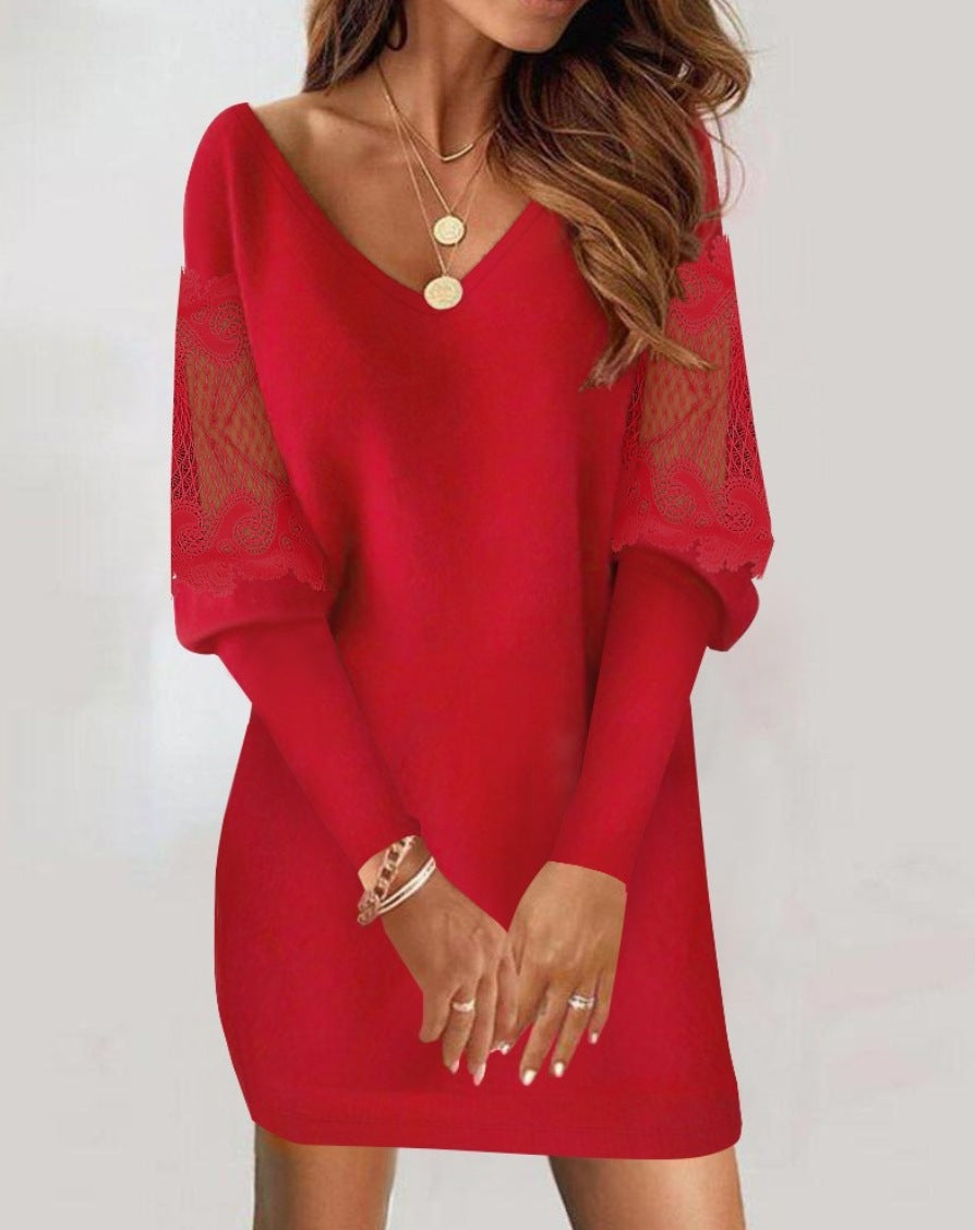 Women's Autumn Long Sleeve Printed Lace Stitching Dress