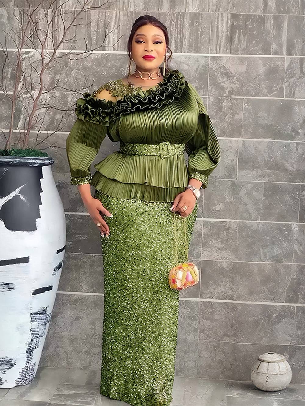 Women's Luxury Temperament Hip African Sequined Pleated Dress