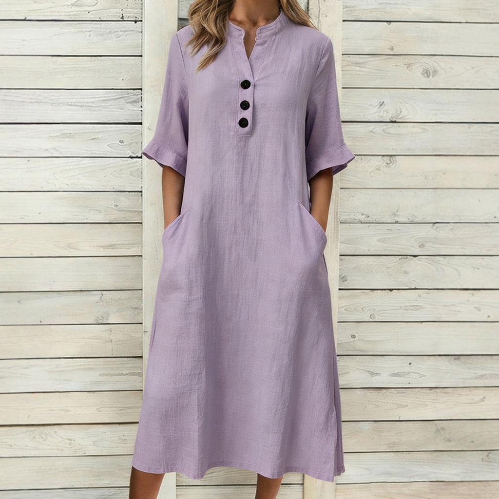 Cotton Linen Stand Collar Ornament Sleeve Dress