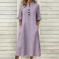 Cotton Linen Stand Collar Ornament Sleeve Dress