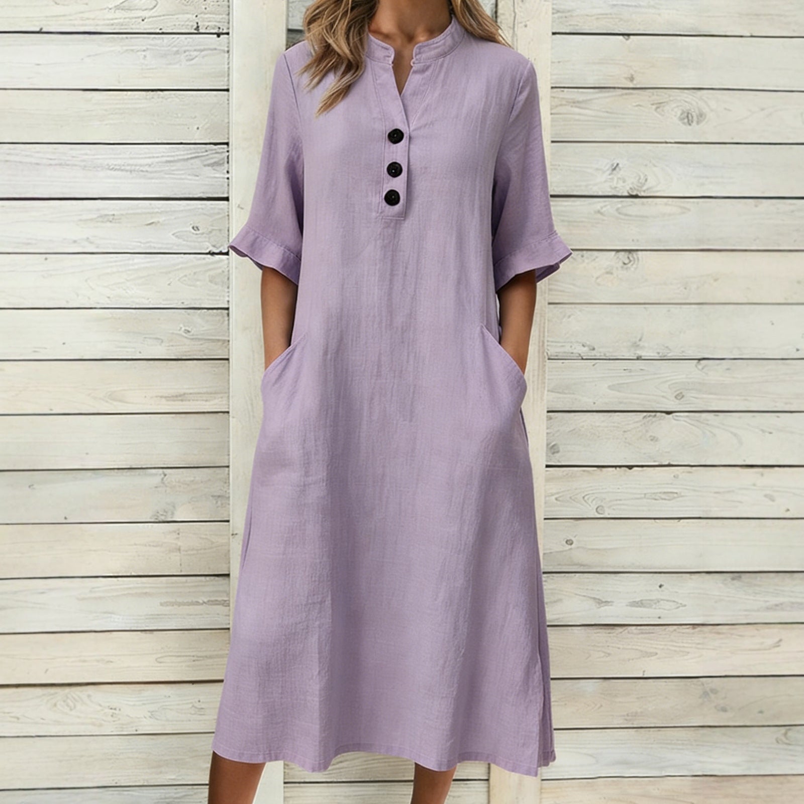 Cotton Linen Stand Collar Ornament Sleeve Dress