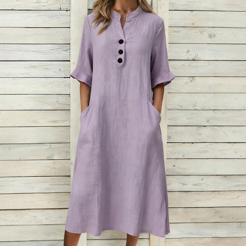 Cotton Linen Stand Collar Ornament Sleeve Dress