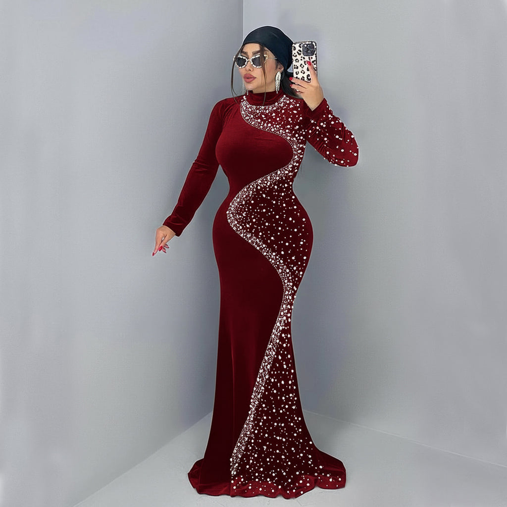 Women's Fashion Wear Elegant Veet Rhinestone Dress