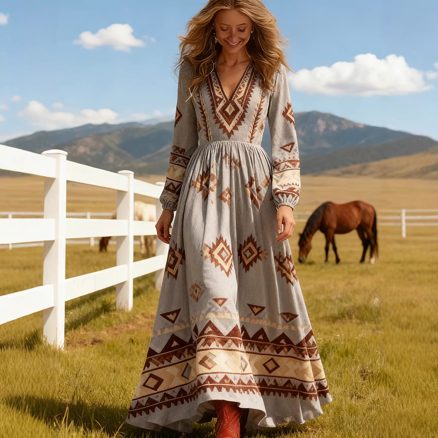 Long Sleeve Ethnic Style Bohemian Large Dress