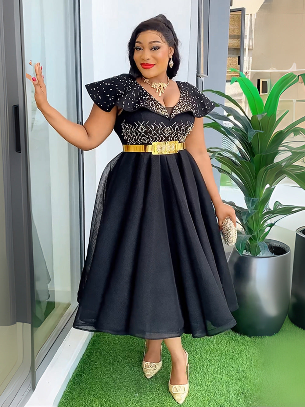 Women's Sexy Hip African Foam High Waist Dress