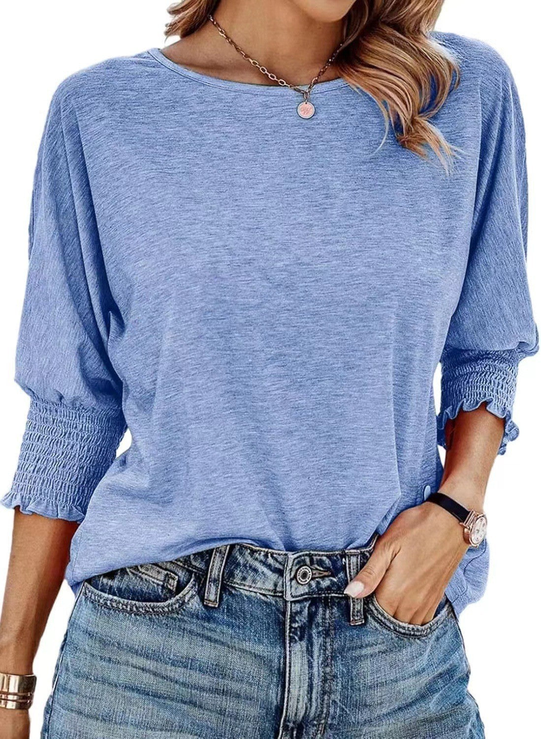 Women's Summer Stylish Loose Round Neck Cuff Smocking Long Women's T-shirt
