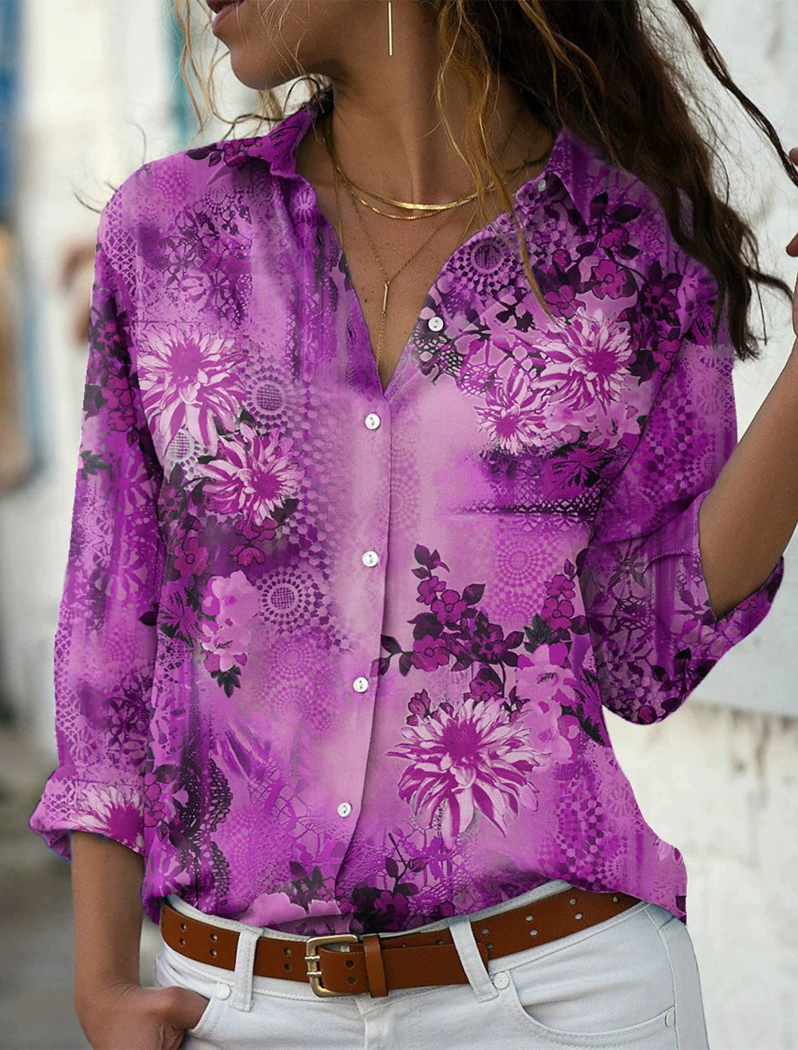 Women's Loose Lapel Long Sleeves Single-breasted Shirt Elegant Blouse