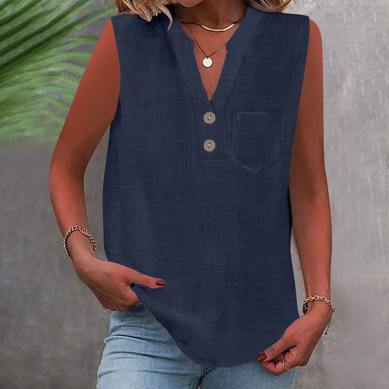 Women's Large Loose Slub Cotton Pocket Idle Tops