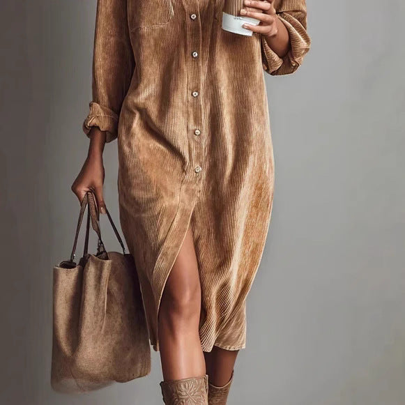 Color Corduroy Long Sleeve Lapel Shirt Dress