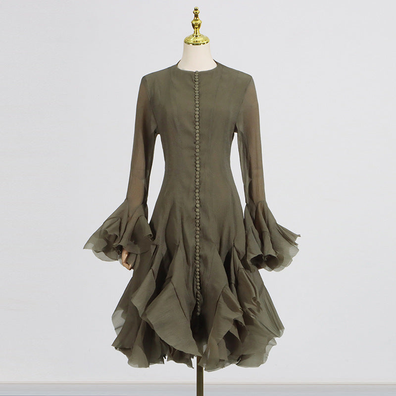 Women's Ruffled For Summer Fashion High Collar Long Sleeve Dress