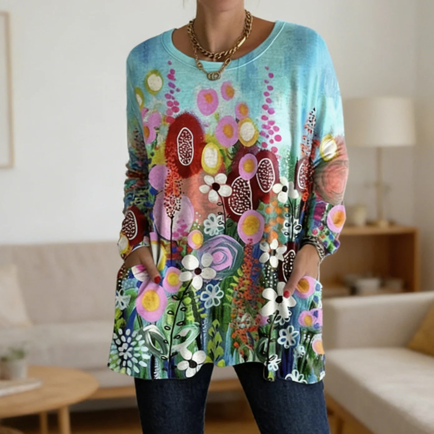 Women's Printed Casual Round Neck Long Sleeve Women's T-shirt