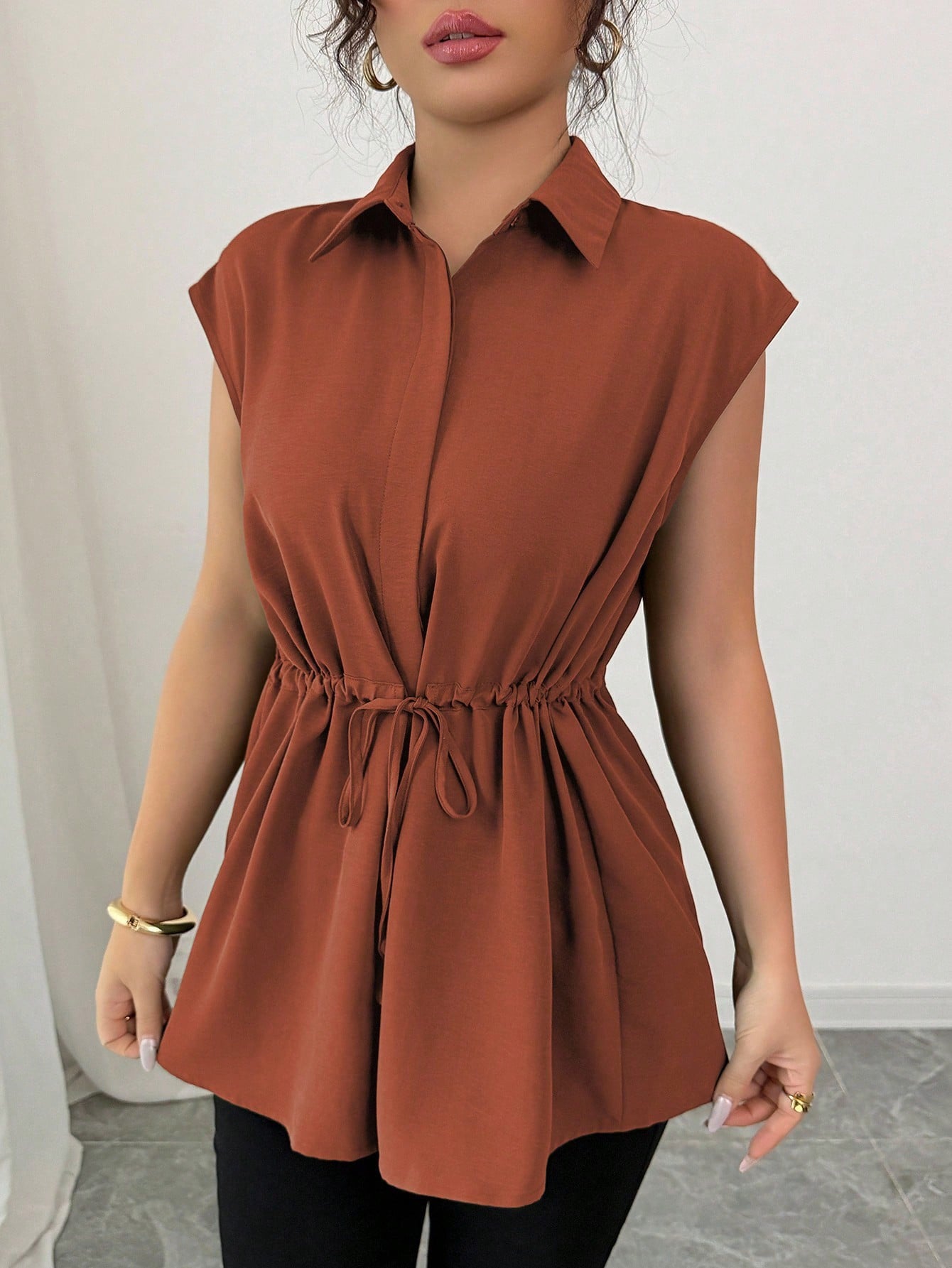 Women's Fashion Loose Waist Single-breasted Solid Color Collar Women's T-shirt