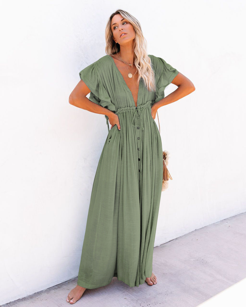 Cover-up Slubbed Fabric Waist Strap Long Sun Protection Dress