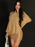 Women's Sexy Diagonal Collar Fashion Bronzing Tight Waist Hot Dress
