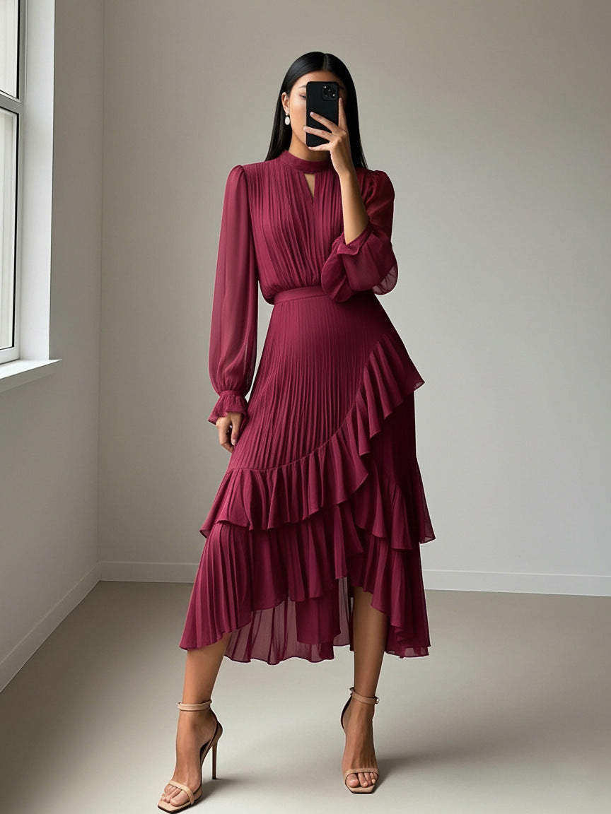 Solid Color Ruffled Pleated Formal Mid-length Dress