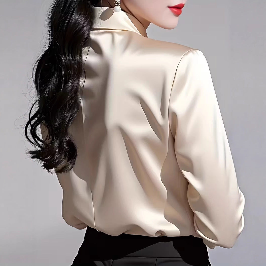 Elegant Graceful Satin Shirt Pleated Long Sleeve Leisure Blouse