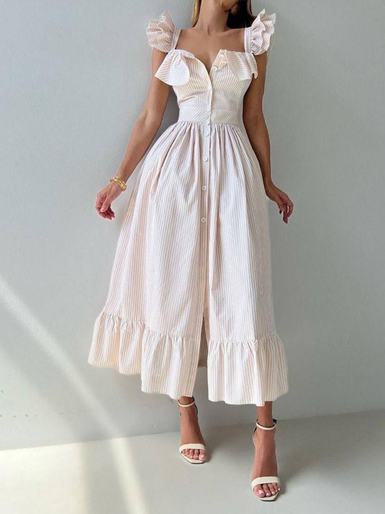 Flying Sleeves Striped Ruffled Long Summer Casual Style Dress