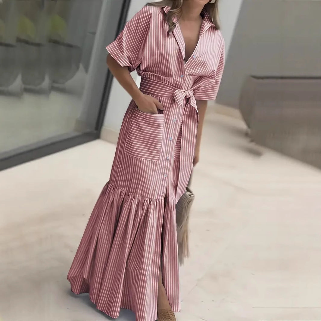 Fashion Striped Sleeve Loose Midi Shirt Shorts