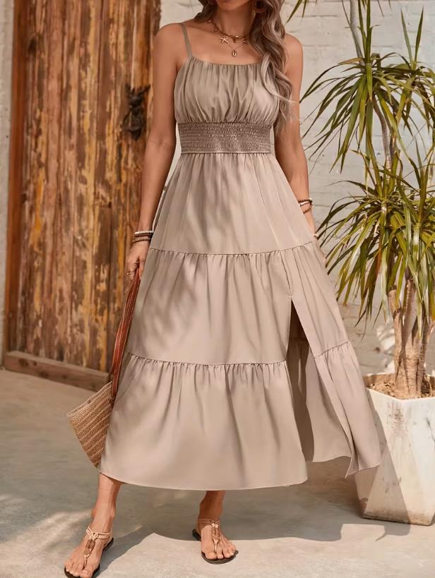 Women's Sling Layered Slim Waist Solid Color Dress