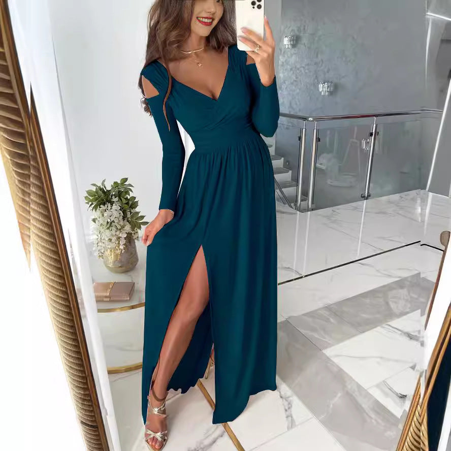 Long Sleeve Hem Pure Color Split Dress