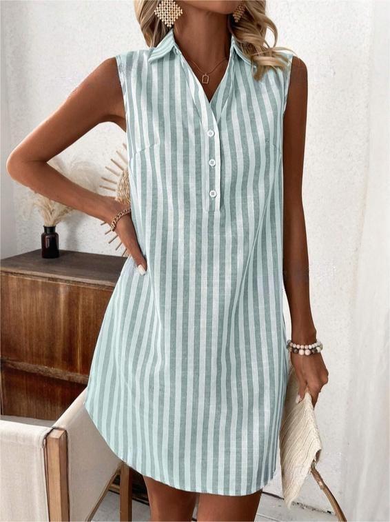 Women's Minimalist Sleeveless Buttons Striped Shirt Fashion Loose Dress