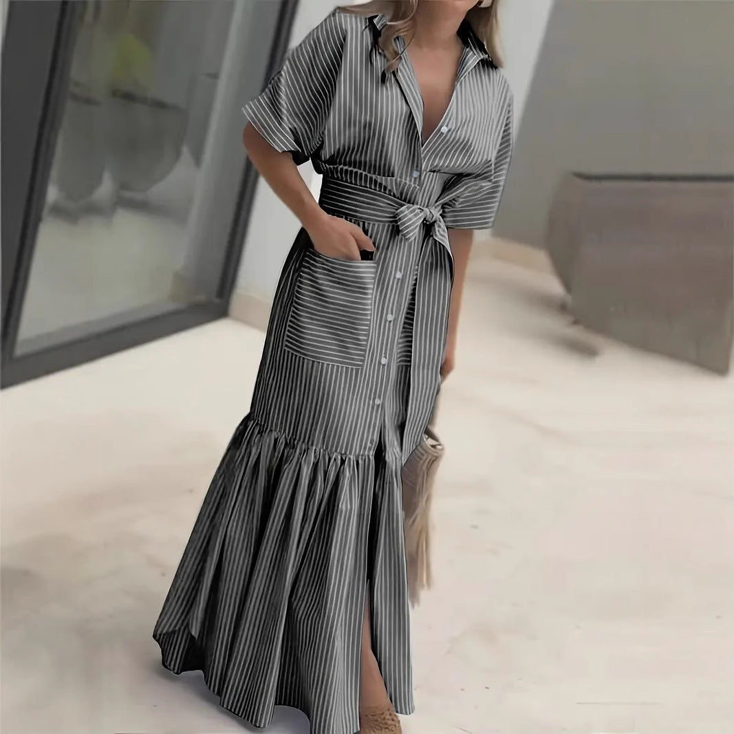 Fashion Striped Sleeve Loose Midi Shirt Shorts