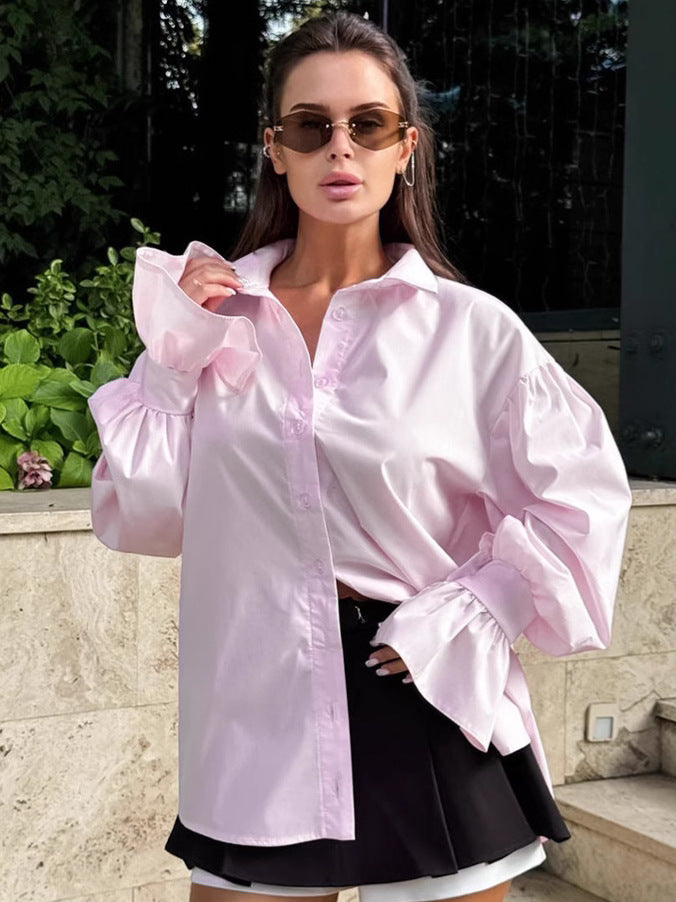 Women's Style Solid Color Polo Collar Loose Blouse