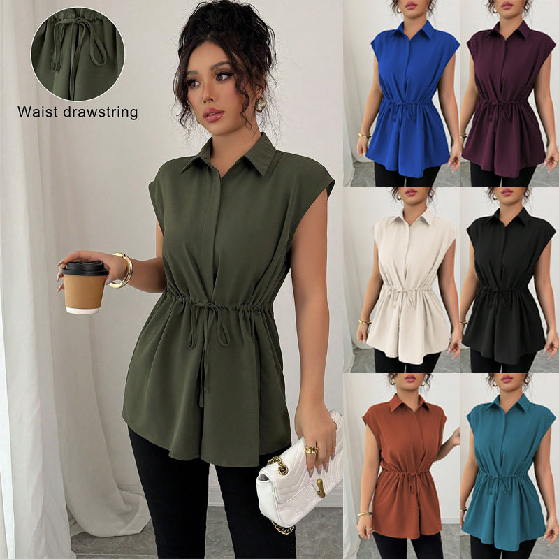 Women's Fashion Loose Waist Single-breasted Solid Color Collar Women's T-shirt