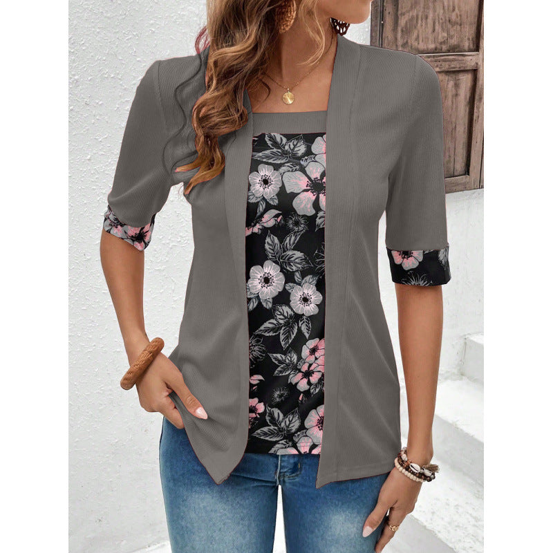Women's Summer Fake Two-piece Sleeve Printed T-shirt Blouse