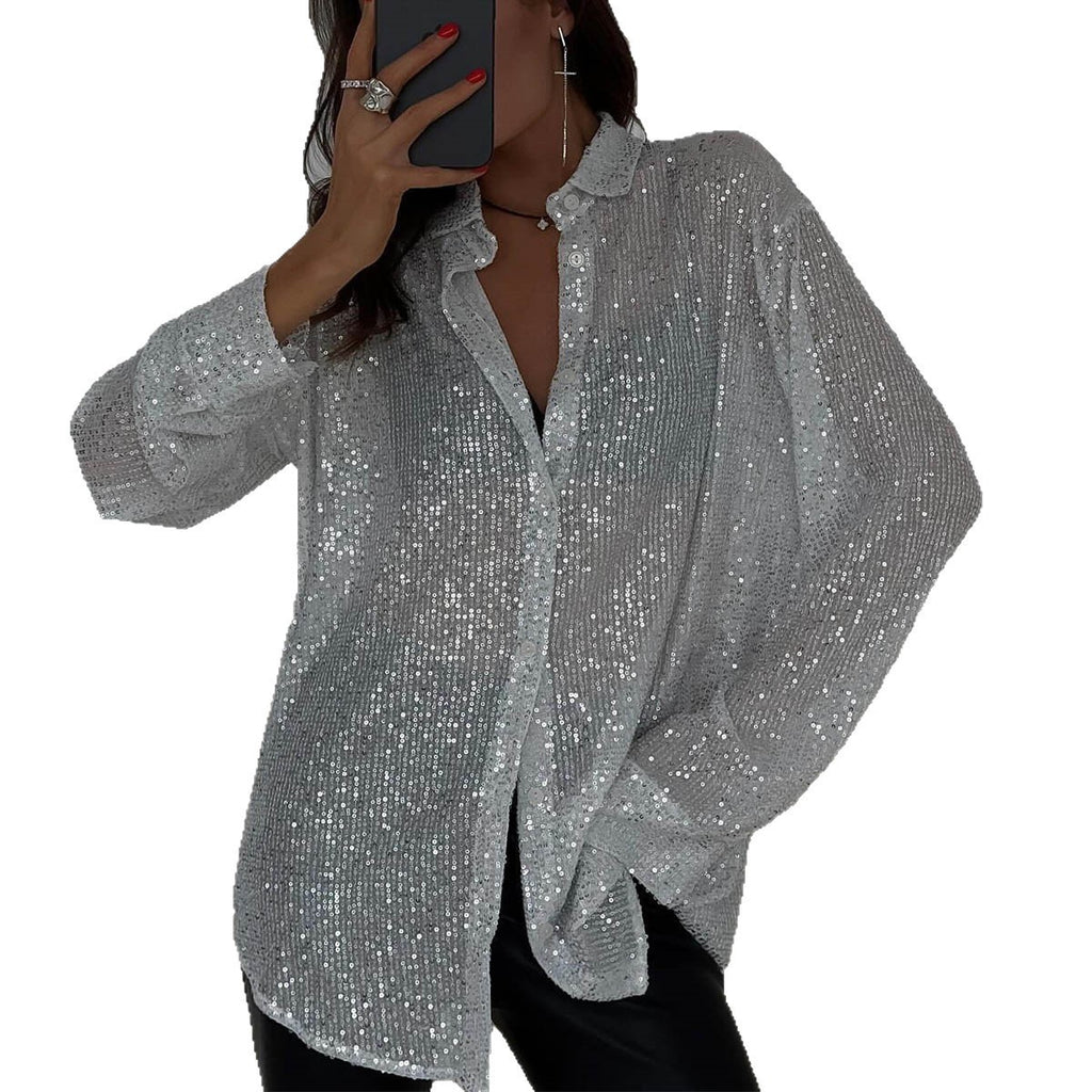 Women's Sequin Lapel Long Sleeve Basic Style Blouse