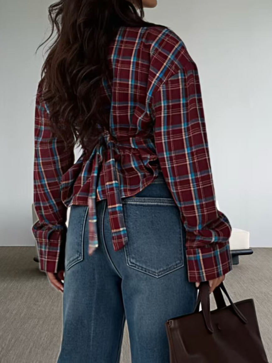 Retro Plaid Design Long Sleeve Shirt Waist Tops