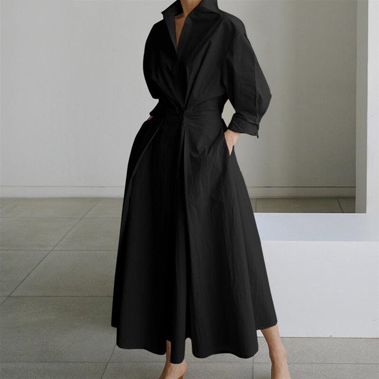 Commute Cotton Linen Solid Colored Lapel Collar Sleeve Elastic Waist Dress