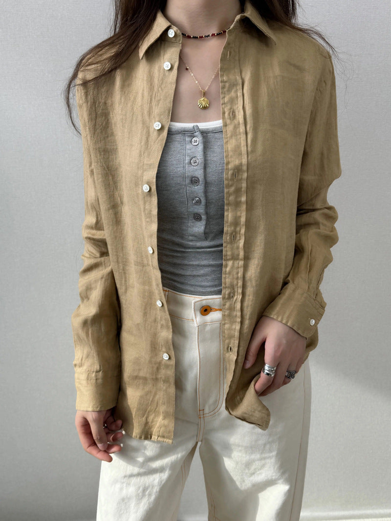 Women's Classic Linen Shirt Horse Logo Embroidered Old Money Style Blouse